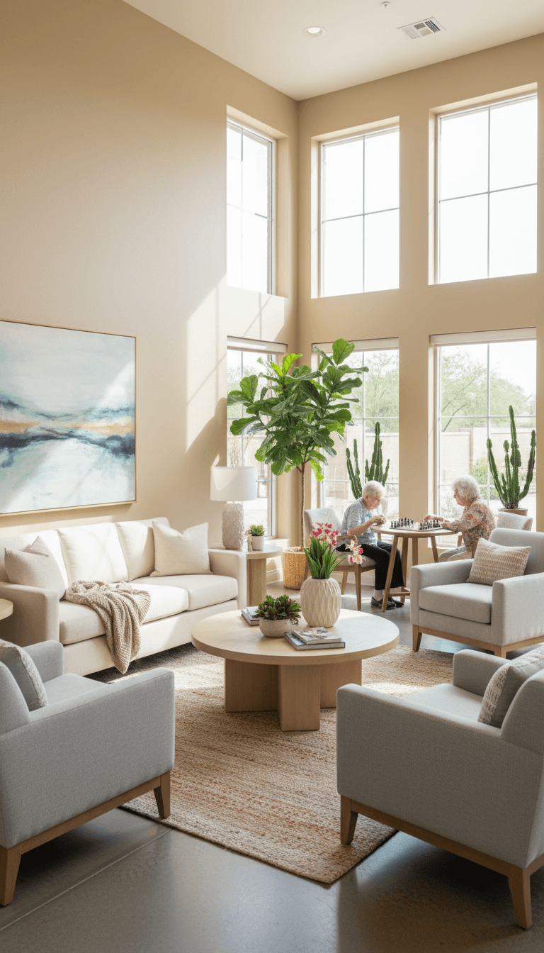 Serene common room in Tucson assisted living facility with natural light and cozy seating