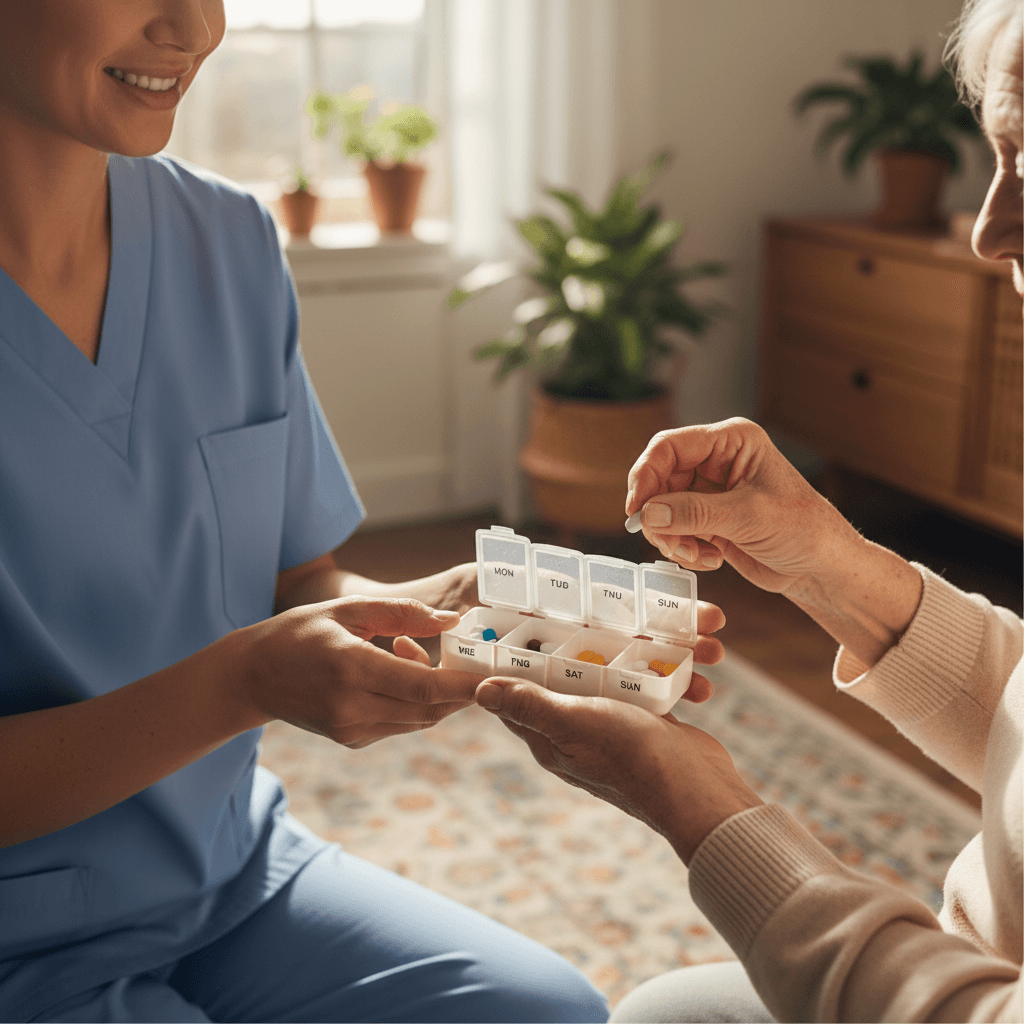 Caregiver speaking with an elderly resident
